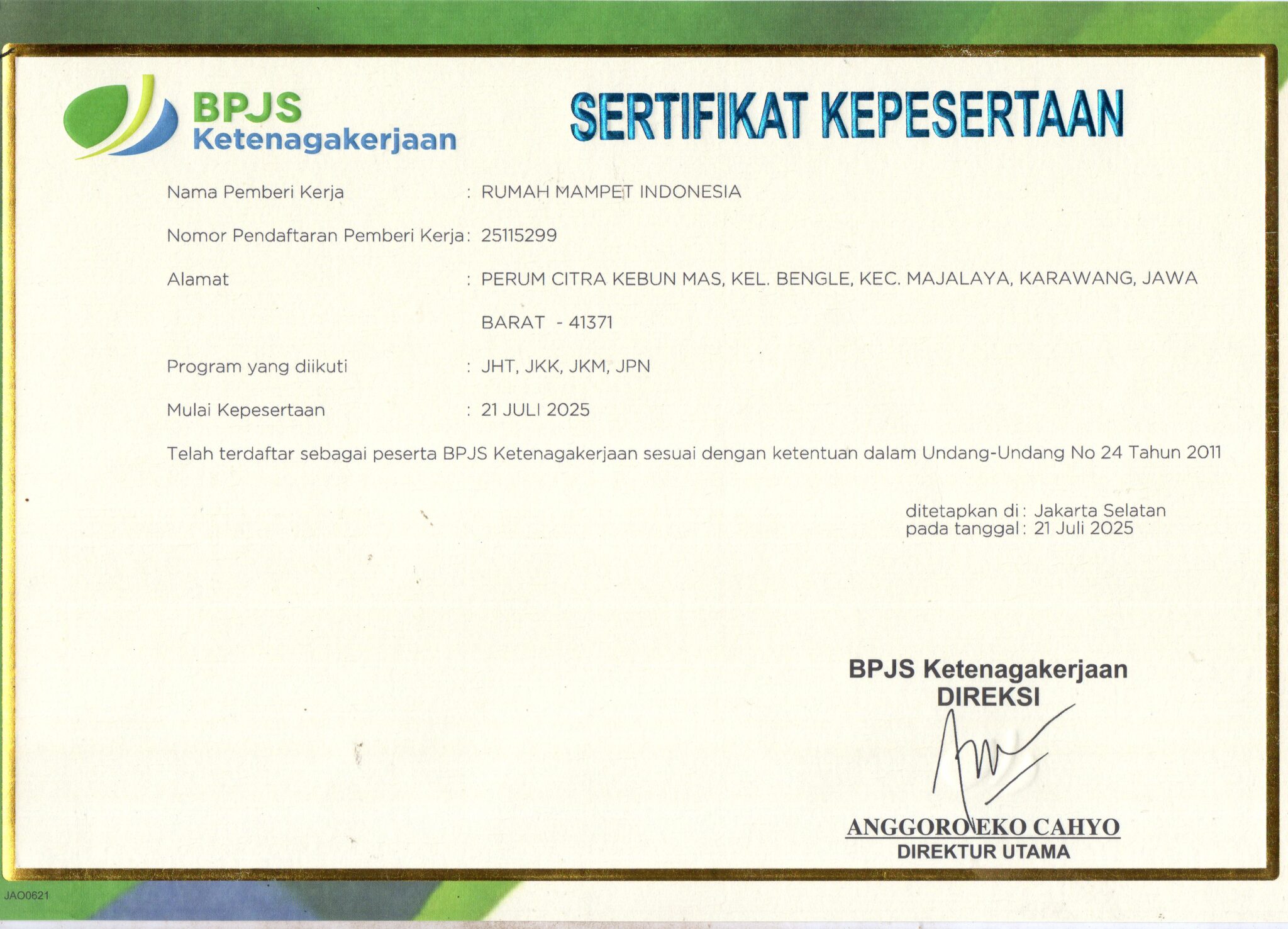 SERTIFIKAT BPJS KETENAGA KERJAAN